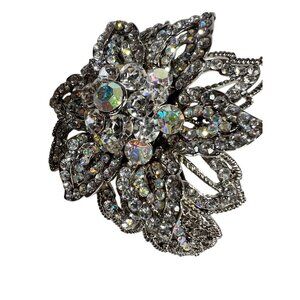 Vtg Aurora Borealis Rhinestone Flower Hair Paris Clip Crystal Filigree Barrette